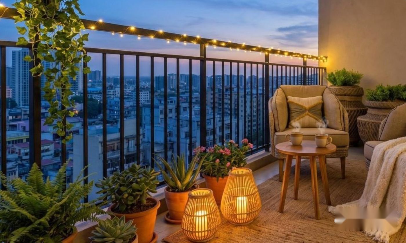 Balcony with glowing lanterns and string lights