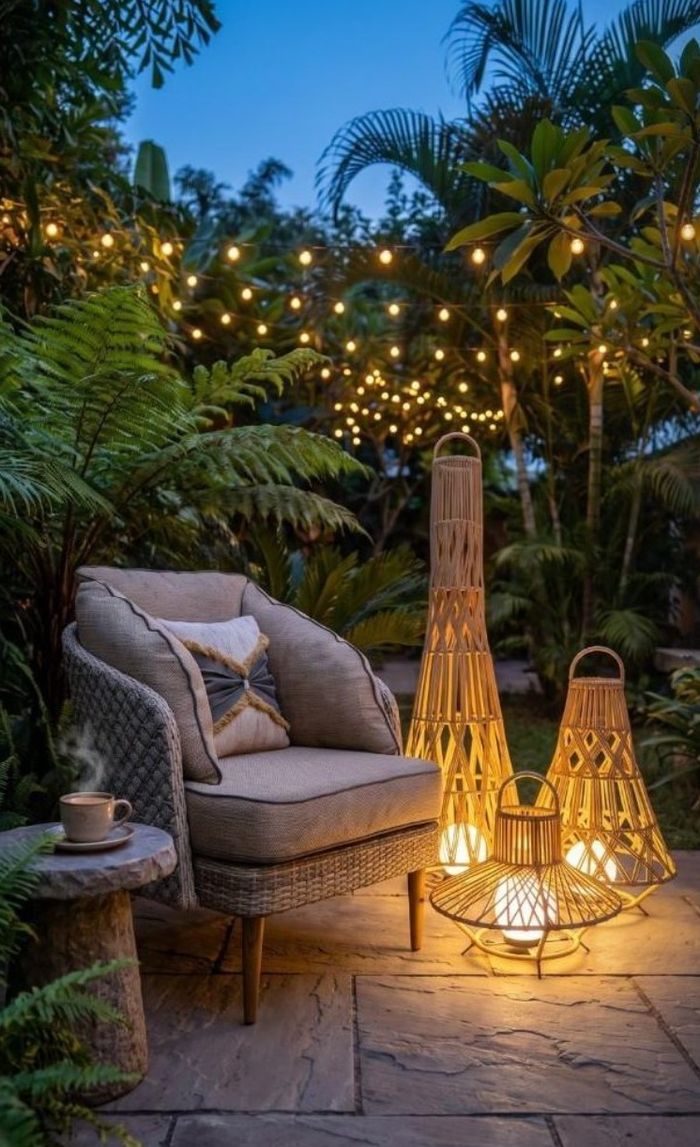 Garden lounge chair with glowing lanterns