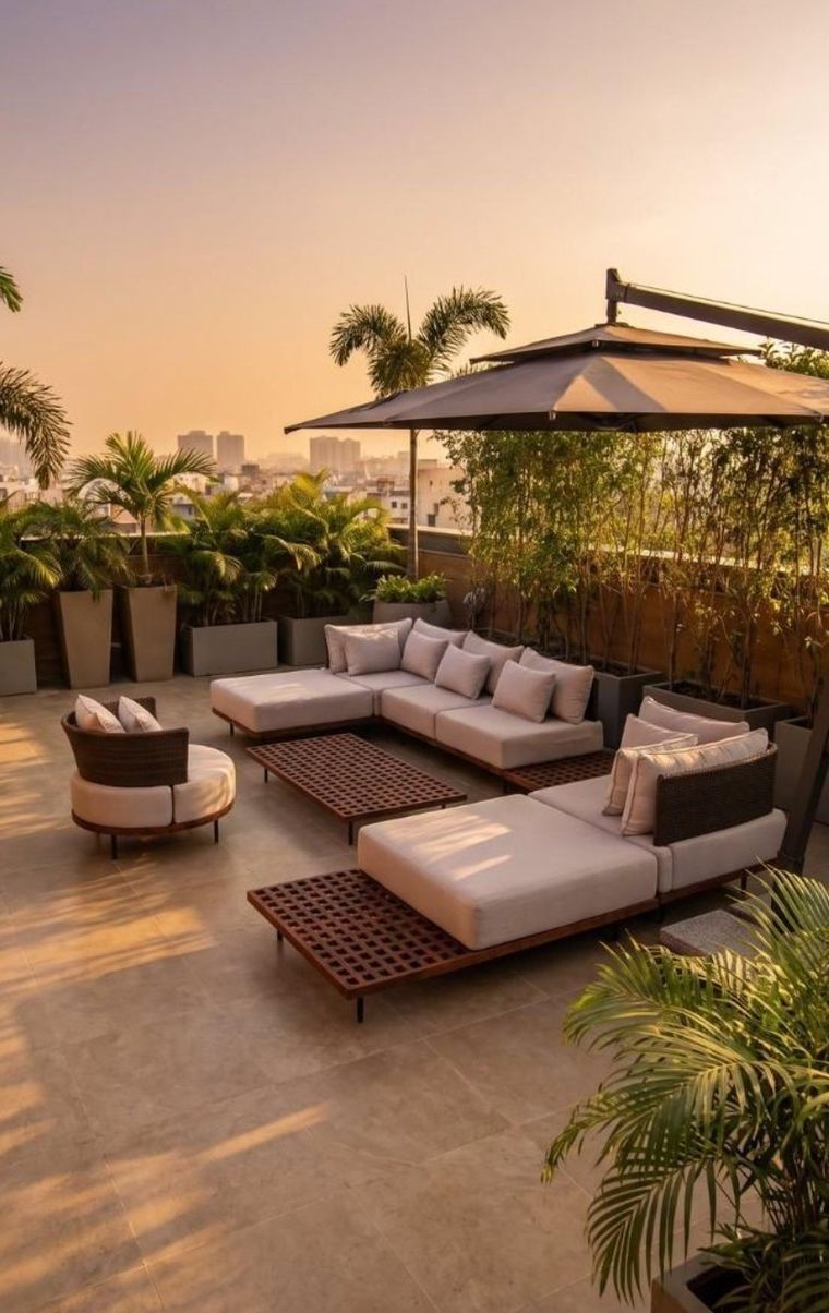 Rooftop lounge set at sunset